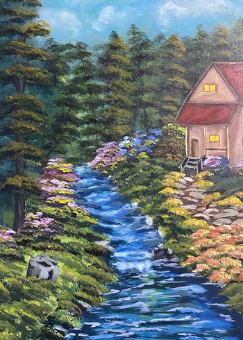 Doğada Ev Manzaralı Akrilik Boya Tablo 50/70 - Görsel 6