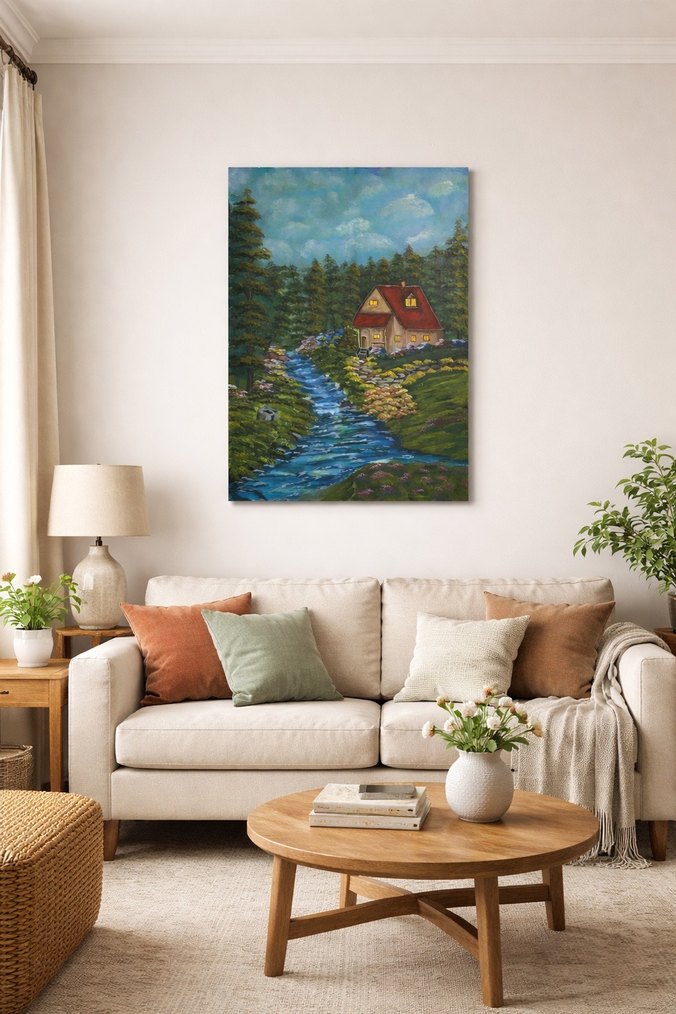 Doğada Ev Manzaralı Akrilik Boya Tablo 50/70 - Görsel 2