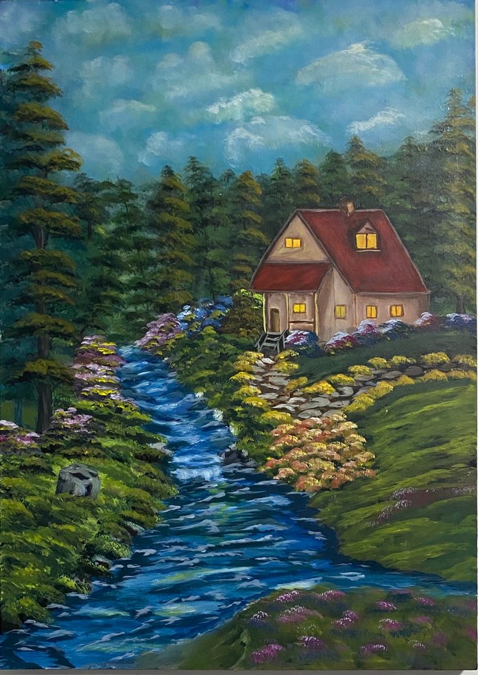 Doğada Ev Manzaralı Akrilik Boya Tablo 50/70 - Görsel 4