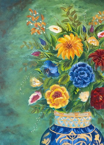 Mavi Vazo ve Renkli Çiçekler Tablosu - Görsel 4