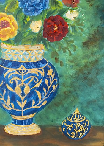 Mavi Vazo ve Renkli Çiçekler Tablosu - Görsel 5