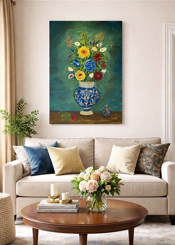 Mavi Vazo ve Renkli Çiçekler Tablosu - Görsel 2