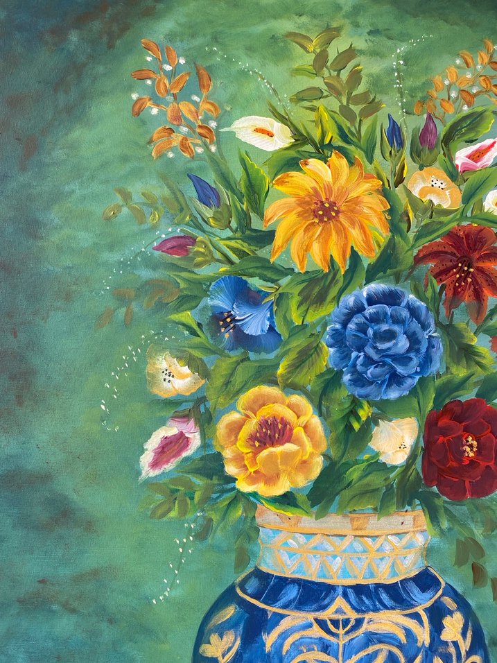 Mavi Vazo ve Renkli Çiçekler Tablosu - Görsel 4