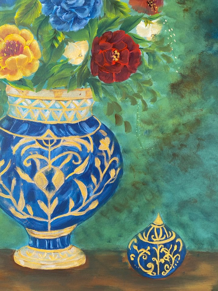 Mavi Vazo ve Renkli Çiçekler Tablosu - Görsel 5