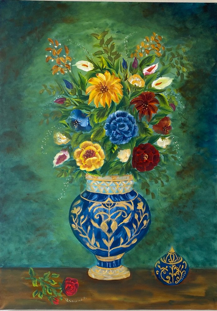 Mavi Vazo ve Renkli Çiçekler Tablosu - Görsel 3