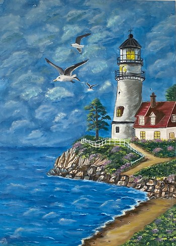 Deniz Feneri Manzaralı Deniz Resmi 50/70 - Görsel 3