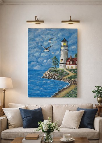 Deniz Feneri Manzaralı Deniz Resmi 50/70 - Görsel 2