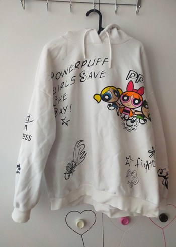 Beyaz Kapüşonlu Uzun Kollu Powerpuff Sweatshirt