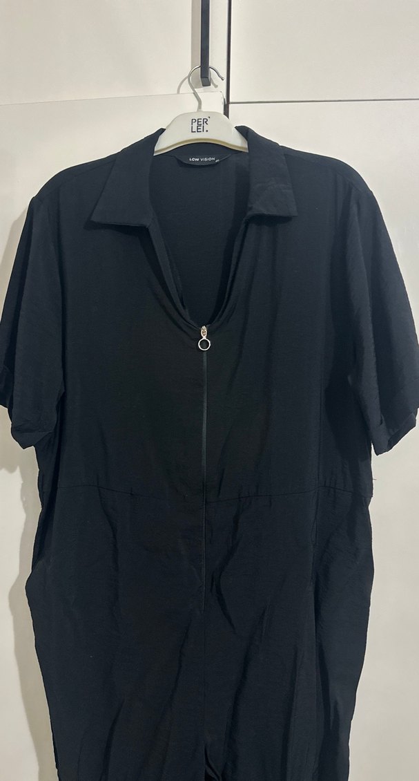 Siyah Kısa Kollu Kadın Keten Tulum - Görsel 2