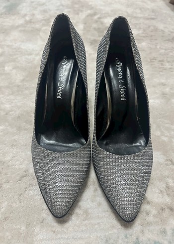 Gri küçük Desenli simli  Stiletto kalın Topuklu Kadın Ayakkabı - Görsel 8