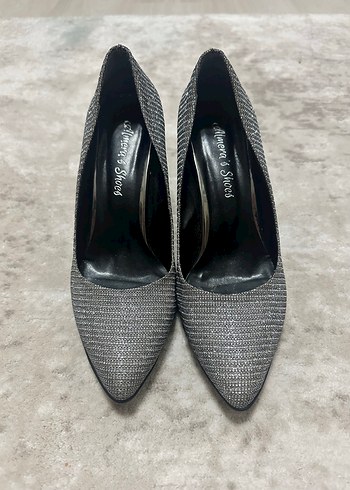 Gri küçük Desenli simli  Stiletto kalın Topuklu Kadın Ayakkabı - Görsel 2