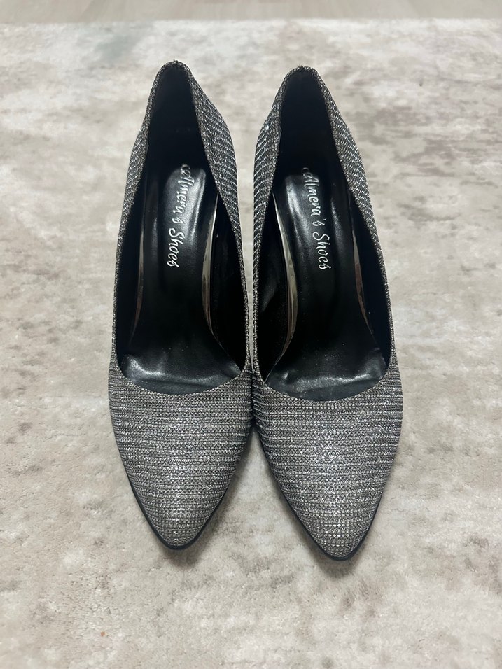 Gri küçük Desenli simli  Stiletto kalın Topuklu Kadın Ayakkabı - Görsel 2