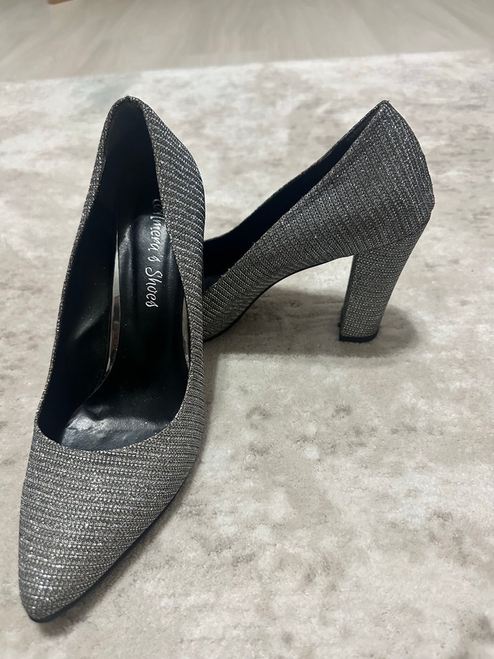 Gri küçük Desenli simli  Stiletto kalın Topuklu Kadın Ayakkabı - Görsel 3