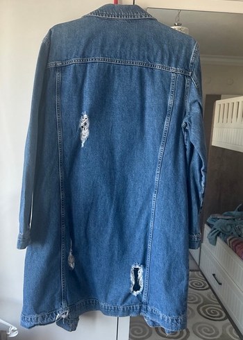 Düğmeli Mavi Uzun Kadın Kot Ceket - Görsel 3