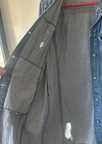 Düğmeli Mavi Uzun Kadın Kot Ceket - Görsel 5