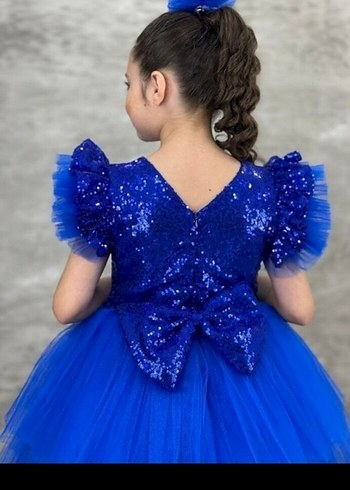 Mavi Parlak Kısa Kollu Kız Çocuk Elbisesi - Görsel 2