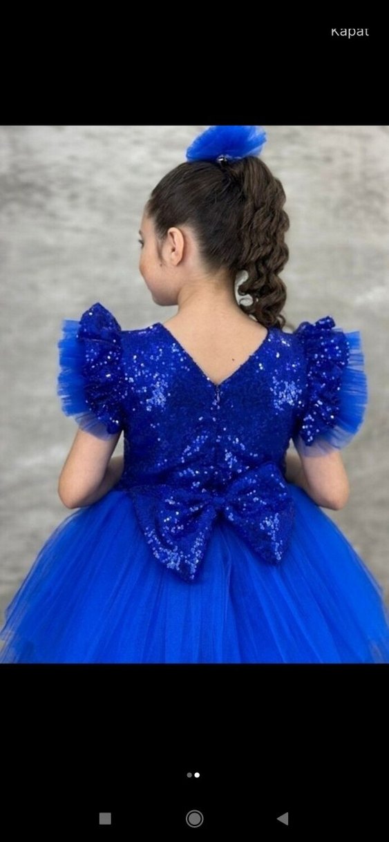 Mavi Parlak Kısa Kollu Kız Çocuk Elbisesi - Görsel 2