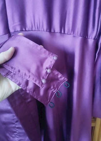 Uzun Kollu Mor İşlemeli Abiye Elbise - Görsel 5