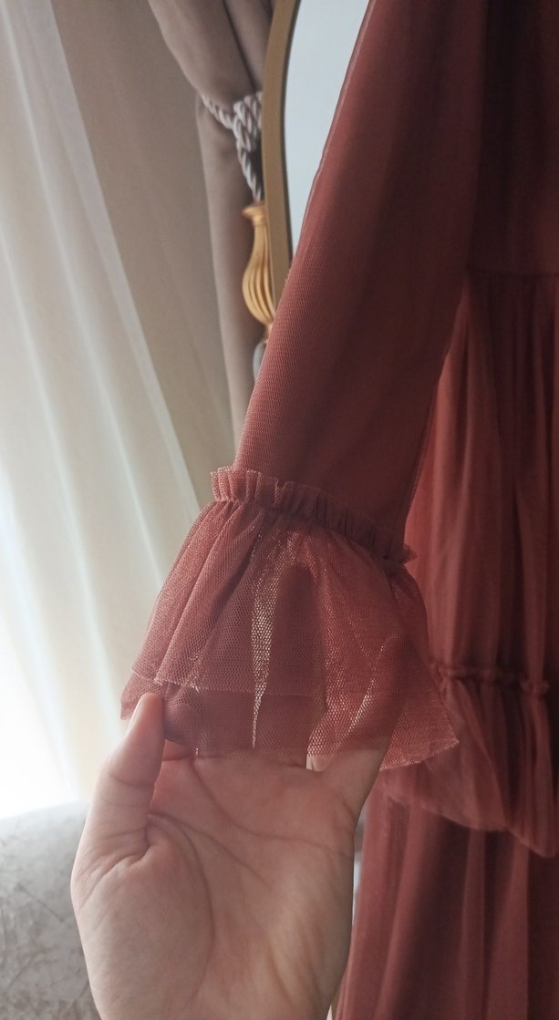 Uzun Kahverengi Volanlı Bohem Elbise - Görsel 3