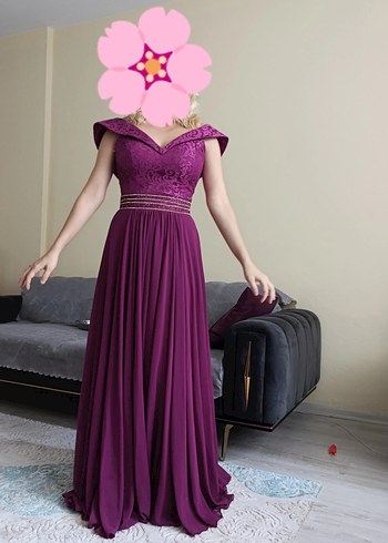 s Beden mor Renk Mor Uzun Drape Detaylı Straplez Abiye Elbise