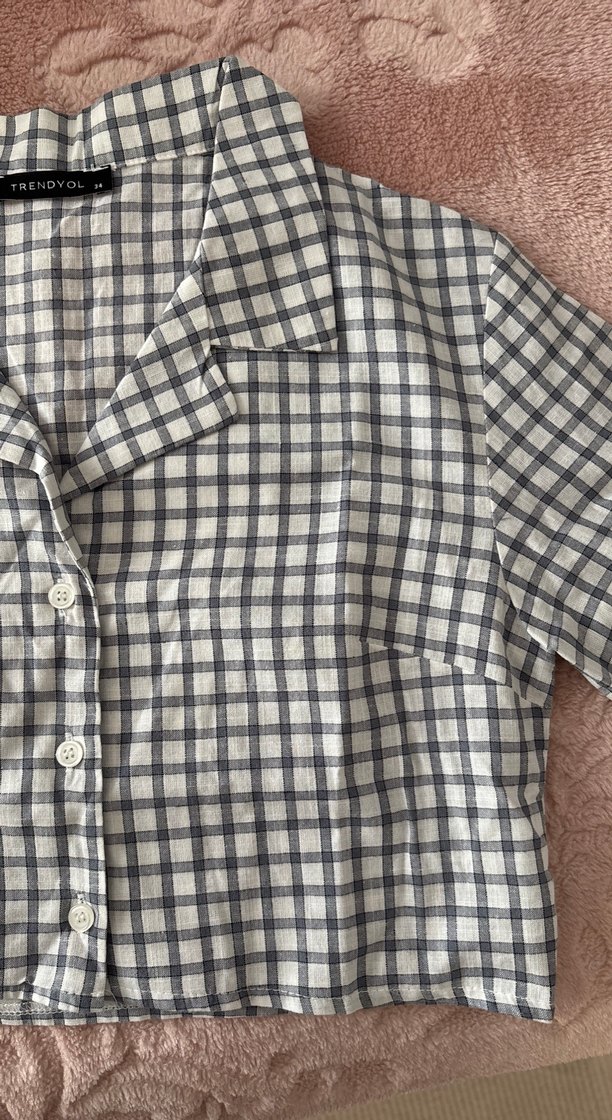 Gri Kareli Kısa Kollu Crop Gömlek - Görsel 3