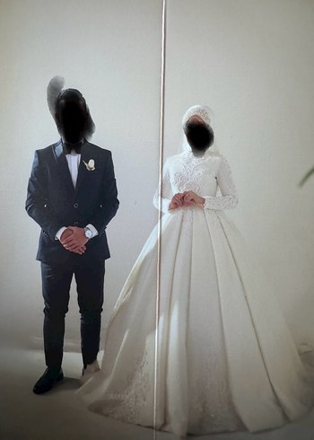 38 Beden beyaz Renk Uzun Kol İşlemeli Beyaz Tesettür Nişan Elbisesi