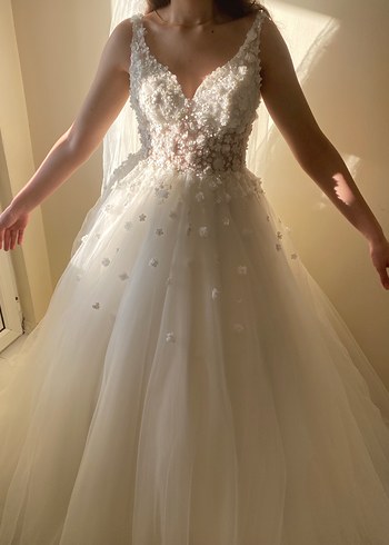 V Yaka İnce Askılı Midi A Kesim Gelinlik - Görsel 3