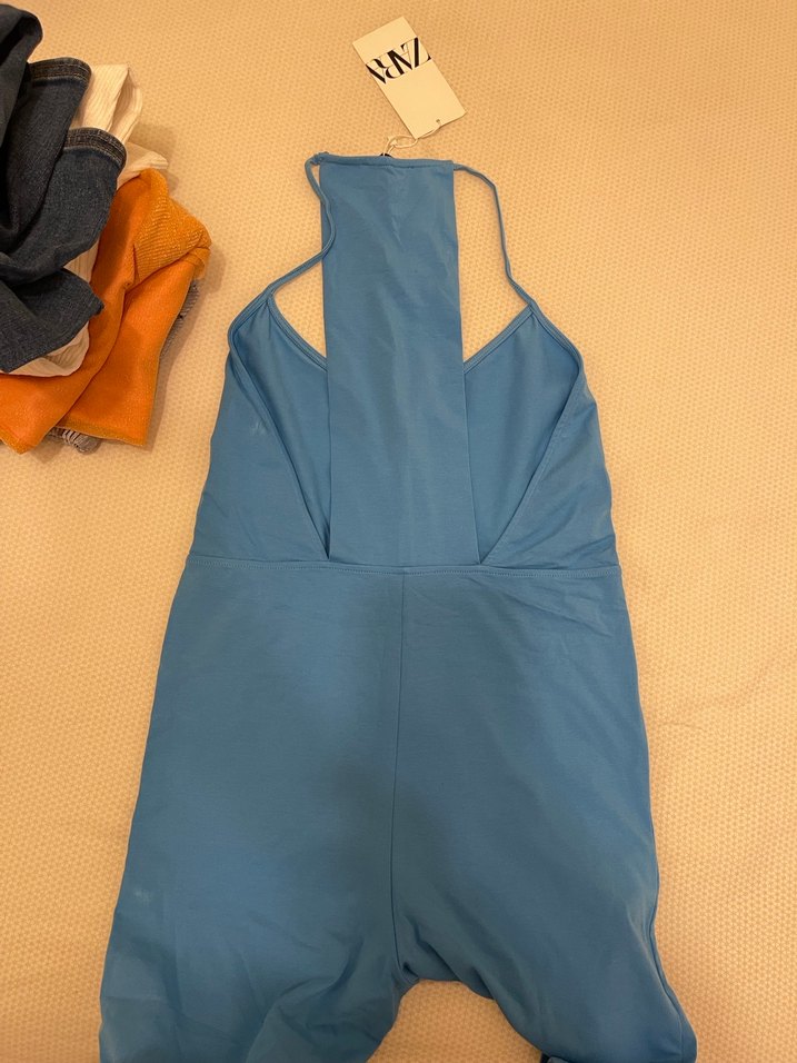 Mavi Halter Yaka Kısa Tulum - Görsel 5