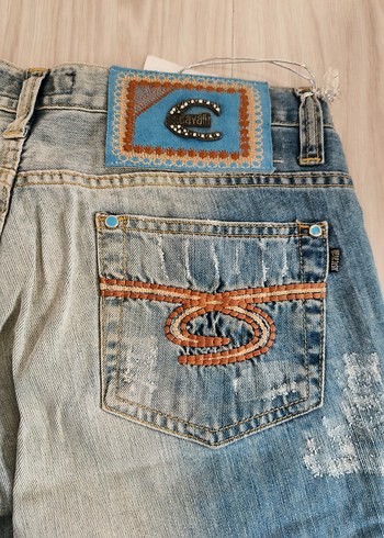 Turkuaz Nakışlı Kemer Tokalı Mini Kot Şort justcavalli - Görsel 7