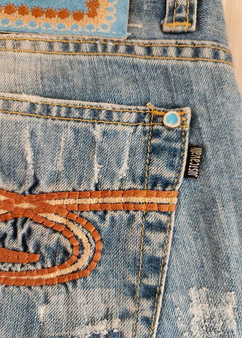 Turkuaz Nakışlı Kemer Tokalı Mini Kot Şort justcavalli - Görsel 9