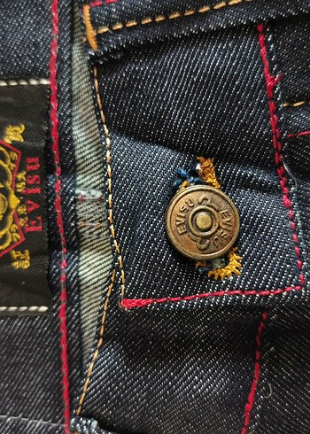 Sarı Baskılı Bol Kesim Kemerli Kız Kot Pantolon evisu Japon - Görsel 7