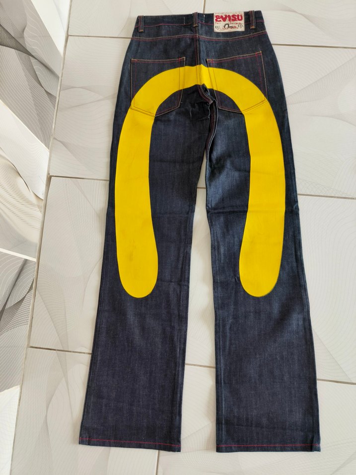 Sarı Baskılı Bol Kesim Kemerli Kız Kot Pantolon evisu Japon - Görsel 3