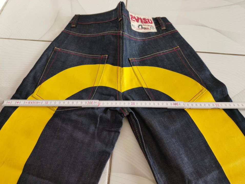 Sarı Baskılı Bol Kesim Kemerli Kız Kot Pantolon evisu Japon - Görsel 5