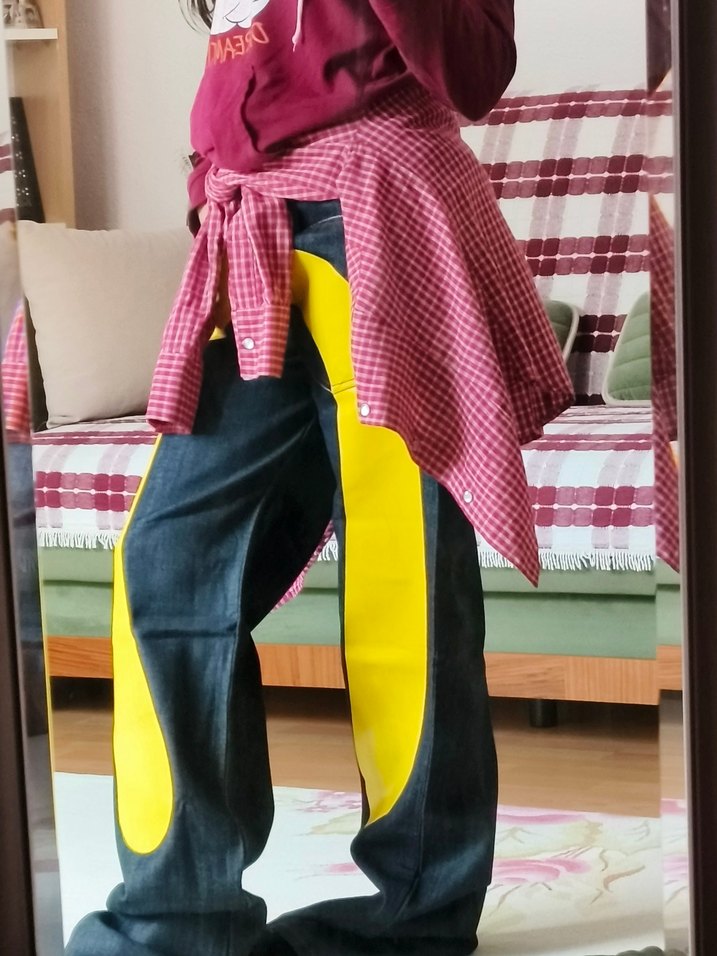 Sarı Baskılı Bol Kesim Kemerli Kız Kot Pantolon evisu Japon - Görsel 2