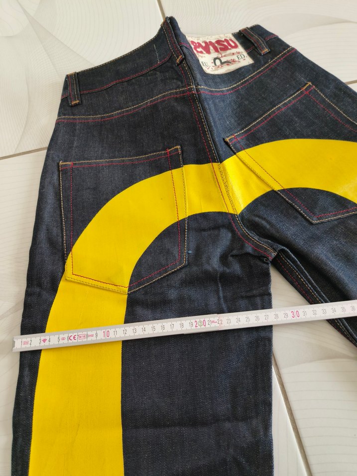 Sarı Baskılı Bol Kesim Kemerli Kız Kot Pantolon evisu Japon - Görsel 4