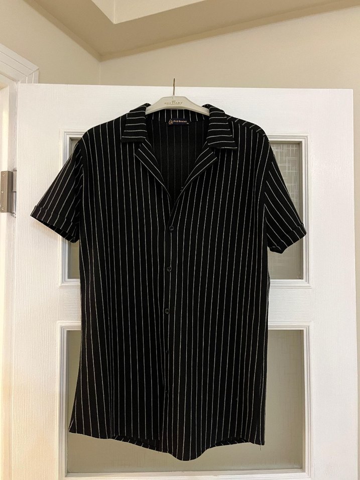 Erkek Siyah Çizgili Kısa Kollu Keten Gömlek - Görsel 3