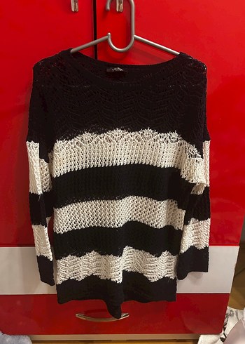 Siyah Beyaz Çizgili Örgü Kadın Kazak - Görsel 2