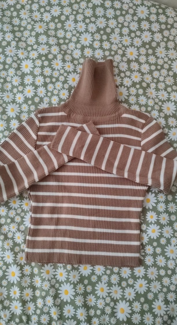 Kadın Kahverengi Çizgili Balıkçı Yaka Kazak - Görsel 3