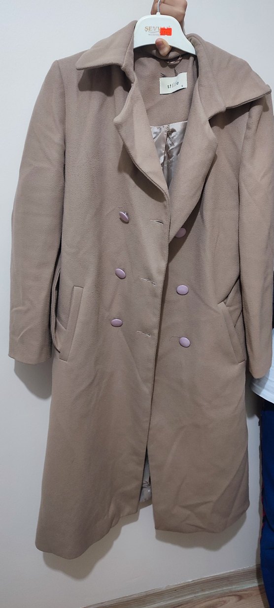 Bej Kuşaklı kaşe kaban etiket s beden fakat m/L uyumlu - Görsel 2