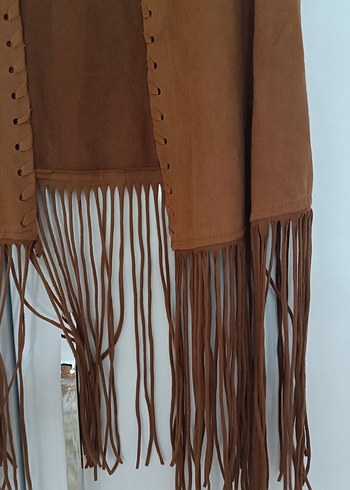 Uzun Kahverengi Süet Bohem Yelek - Görsel 3