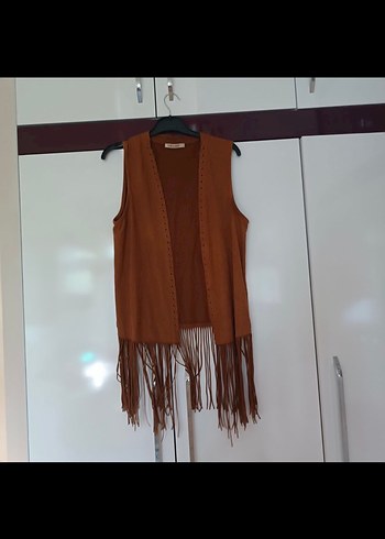 Uzun Kahverengi Süet Bohem Yelek - Görsel 4