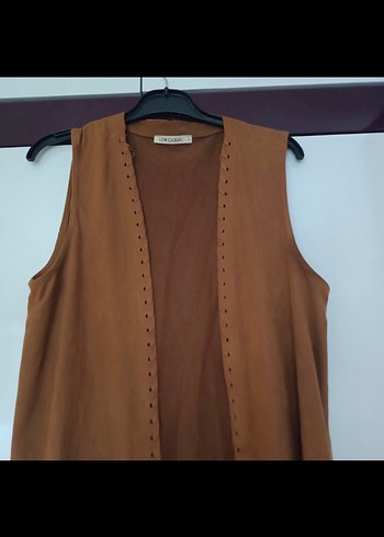 Uzun Kahverengi Süet Bohem Yelek - Görsel 2