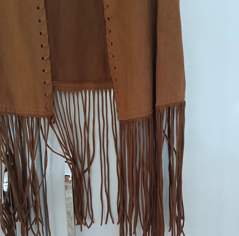Uzun Kahverengi Süet Bohem Yelek - Görsel 3