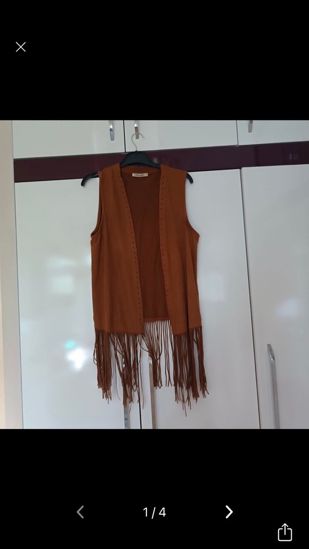 Uzun Kahverengi Süet Bohem Yelek - Görsel 4