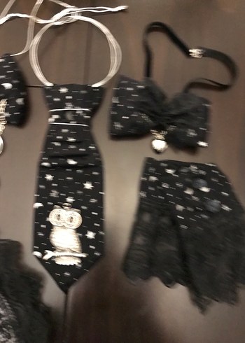 Siyah Nakışlı Dantel Detaylı  Papyon ve Kravat-bileklik - Görsel 2