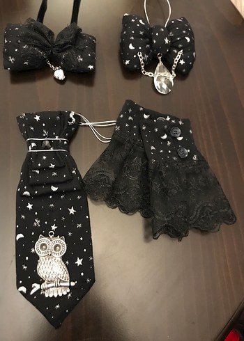 Siyah Nakışlı Dantel Detaylı  Papyon ve Kravat-bileklik - Görsel 9