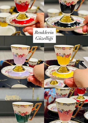 2 Lİ Altın Detaylı Renkli Porselen Fincan Takımı