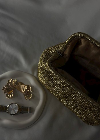 Altın Renkli Örme Vintage Kadın Portföy Çanta - Görsel 3