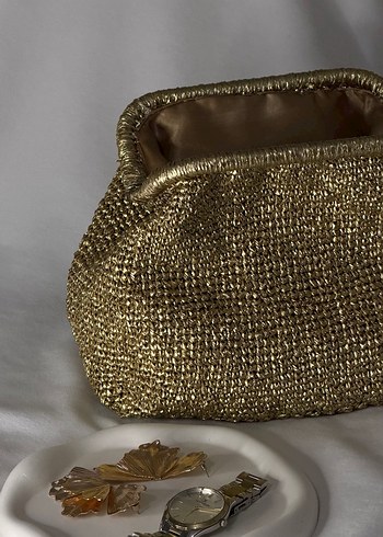 Altın Renkli Örme Vintage Kadın Portföy Çanta - Görsel 2