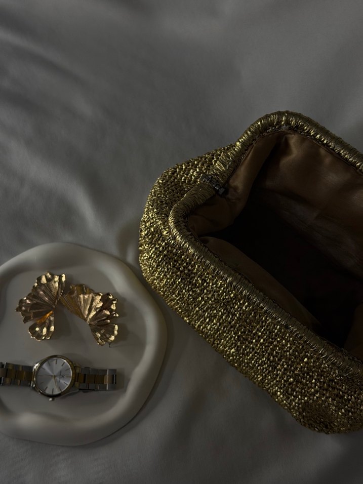 Altın Renkli Örme Vintage Kadın Portföy Çanta - Görsel 3